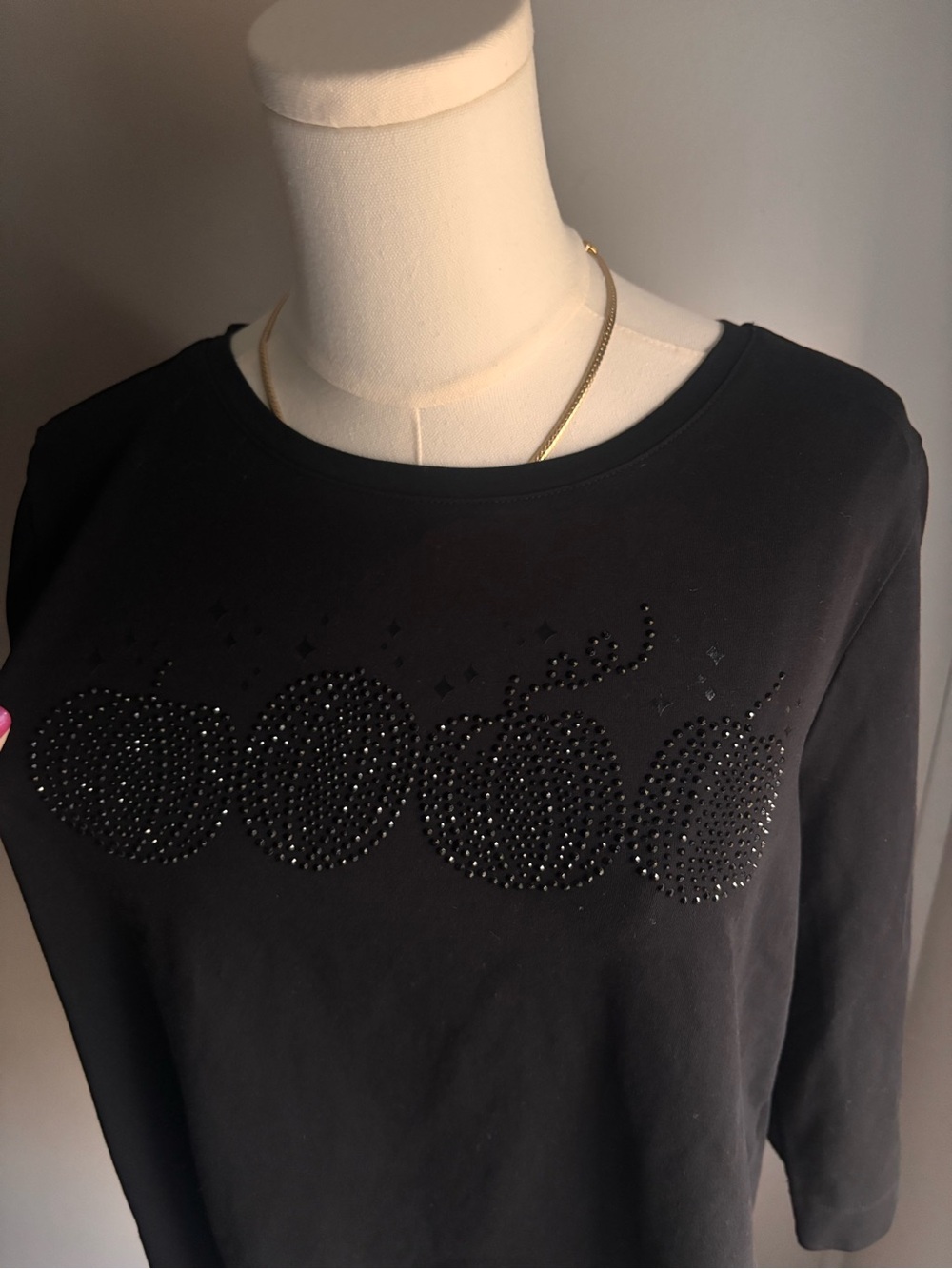 Chico's Black Long Sleeve Crewneck Top with Studded Front Design